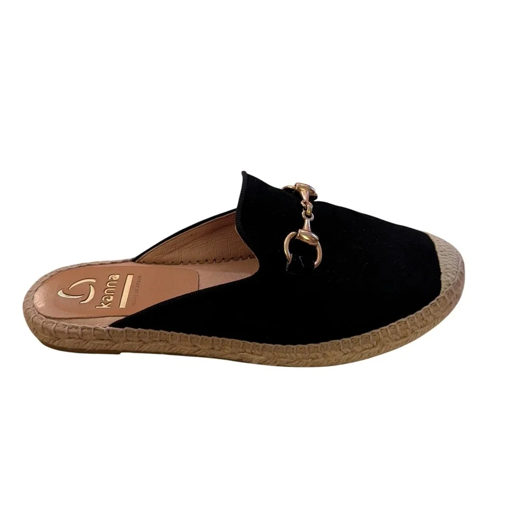Kanna Women's Dora Black Suede Espadrille Mules‎ Horsebit Buckle- Size 7.5